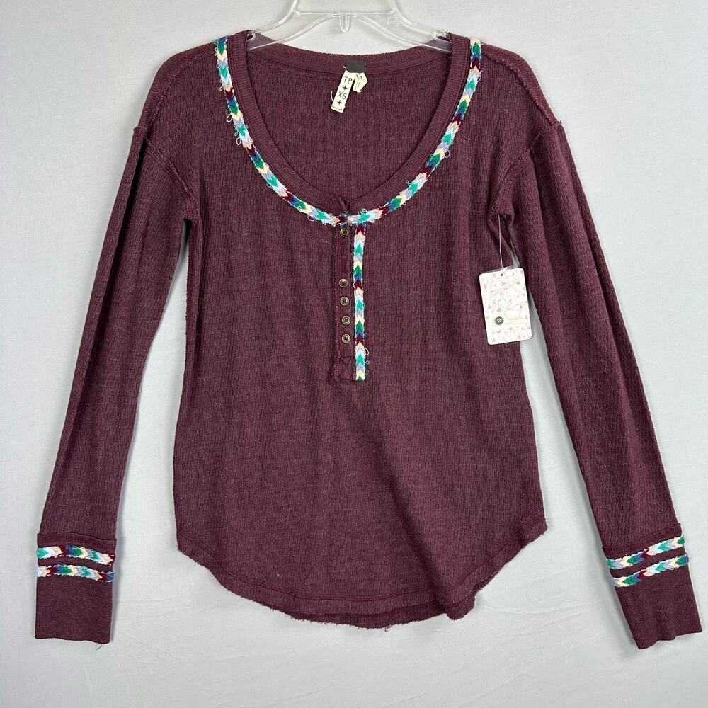 Free People We The Free Embroidered Thermal Henley Round Neck Women's XS  NWT - Picture 2 of 8